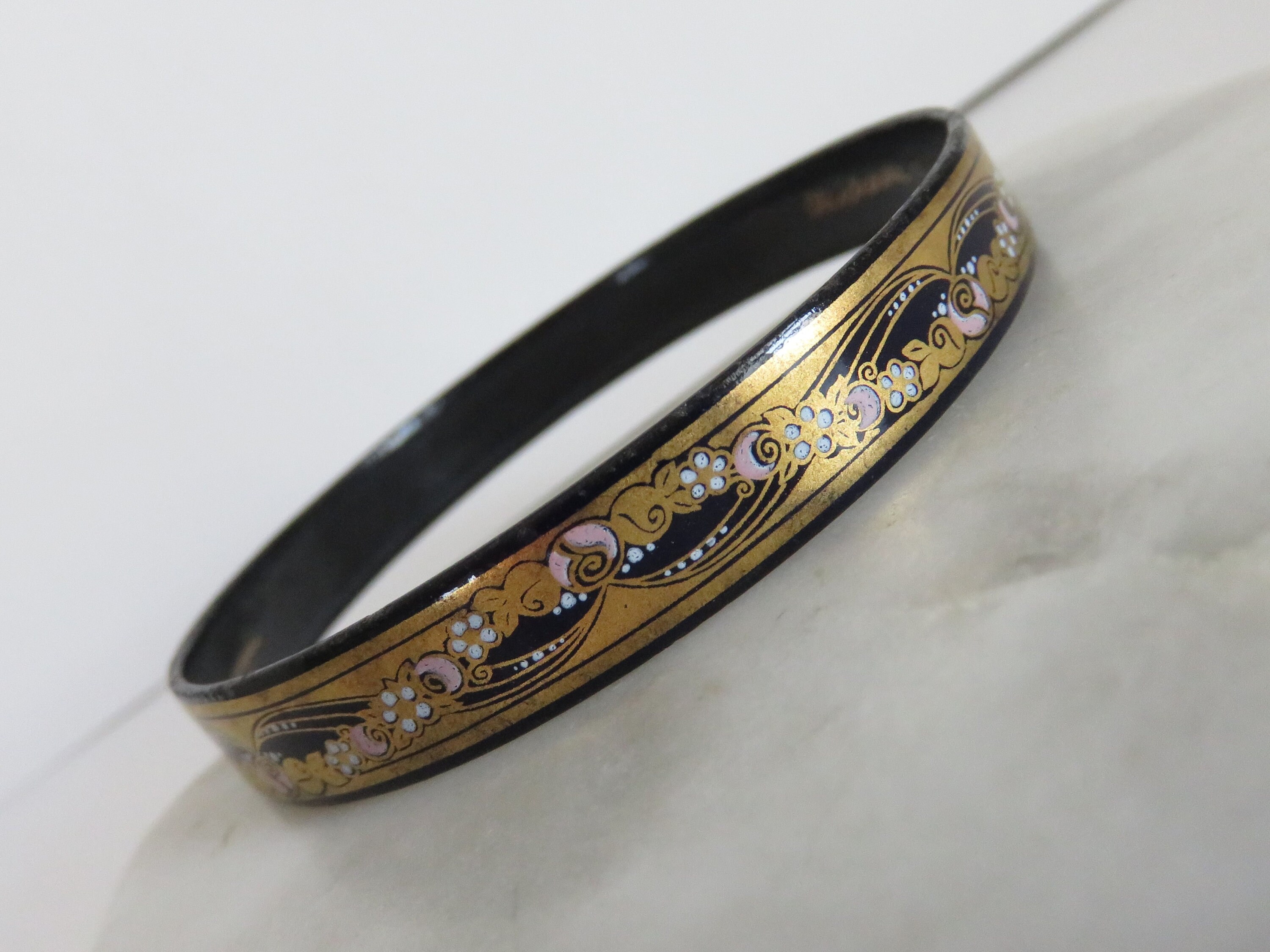 Vintage MICHAELA FREY Black Fine Gold Pink White Enameled