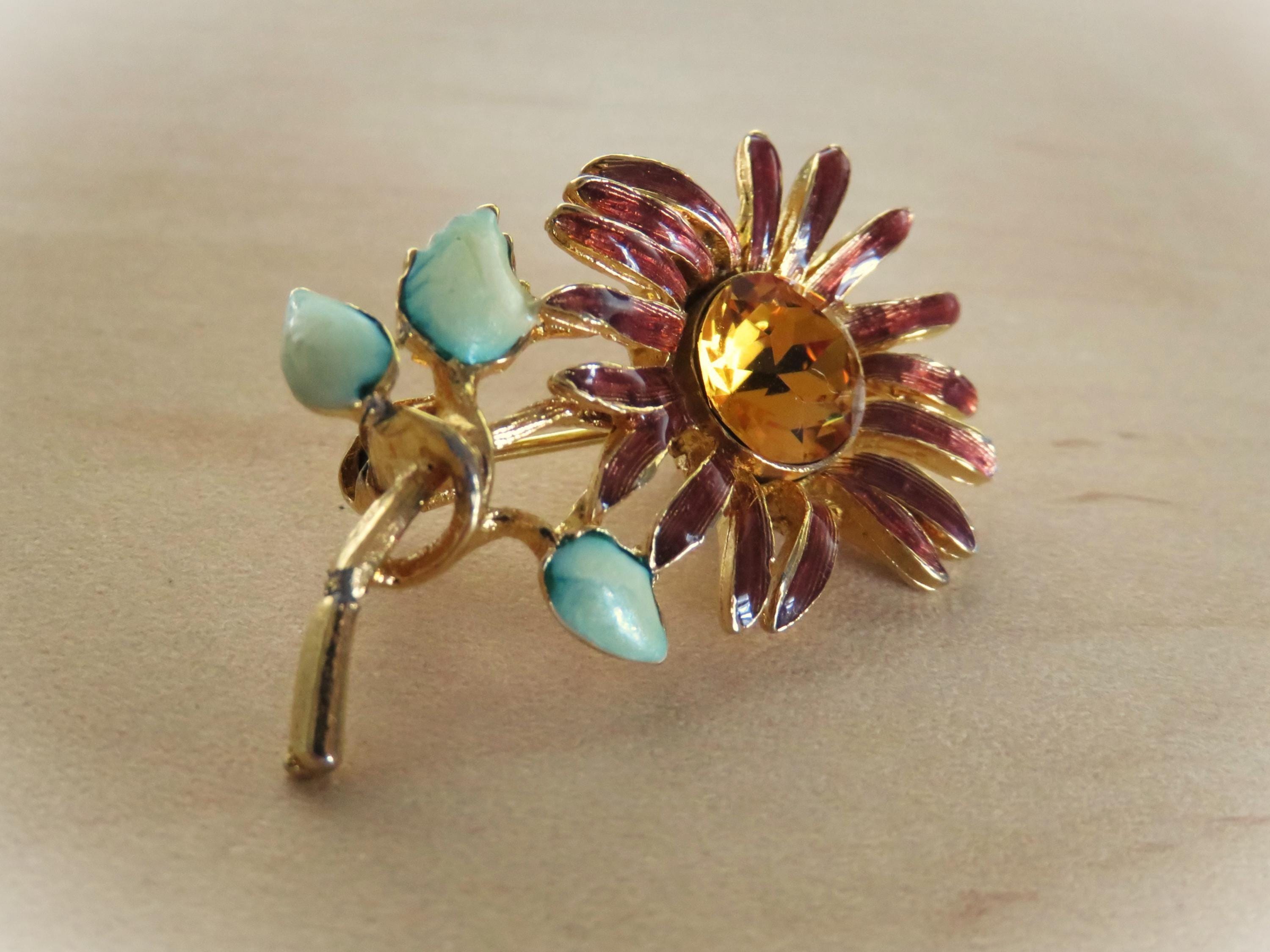 Vintage Enamel & Rhinestone Flower Brooch With Gold Tone Metal