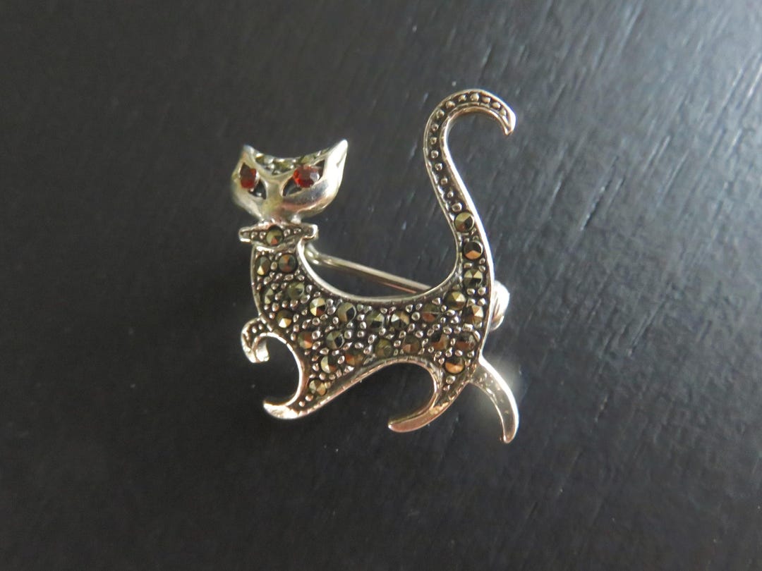 Vintage STERLING Silver Marcasite Kitty Cat Brooch, Red Rhinestone Eyes ...