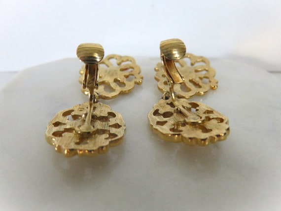 Vintage CLIP-ON Dangle Earrings with Shiny Gold T… - image 7