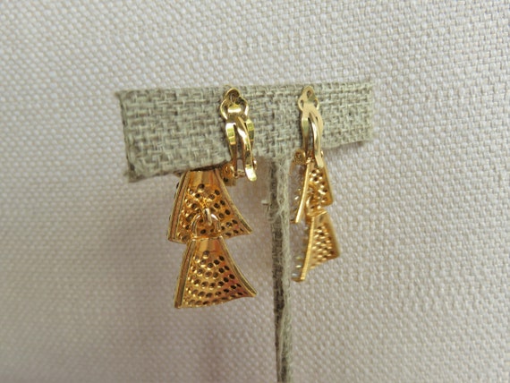 Vintage Rhinestone CLIP-ON Dangle Earrings, Gold … - image 9
