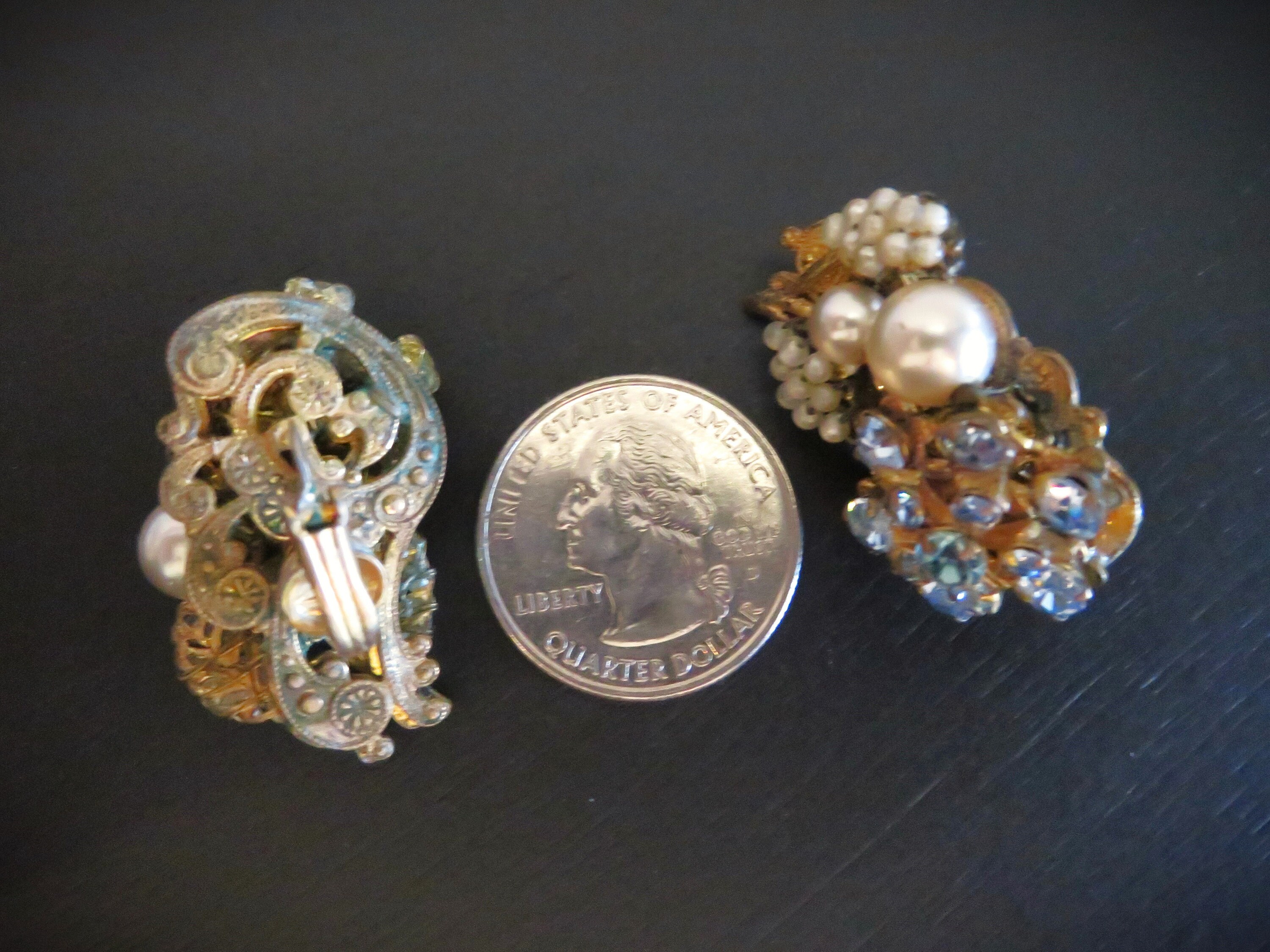 Vintage Signed MIRIAM HASKELL Rhinestone & Faux Pearl CLIP on Earrings,  Light Blue Crystal, Hand Wired White Seeds, Gold Tone Hinged R680 - Etsy