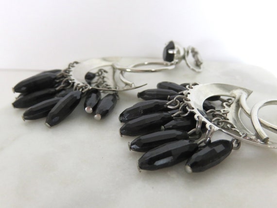 Vintage Large CLIP-ON Dangle Boho Black & Silver-… - image 9