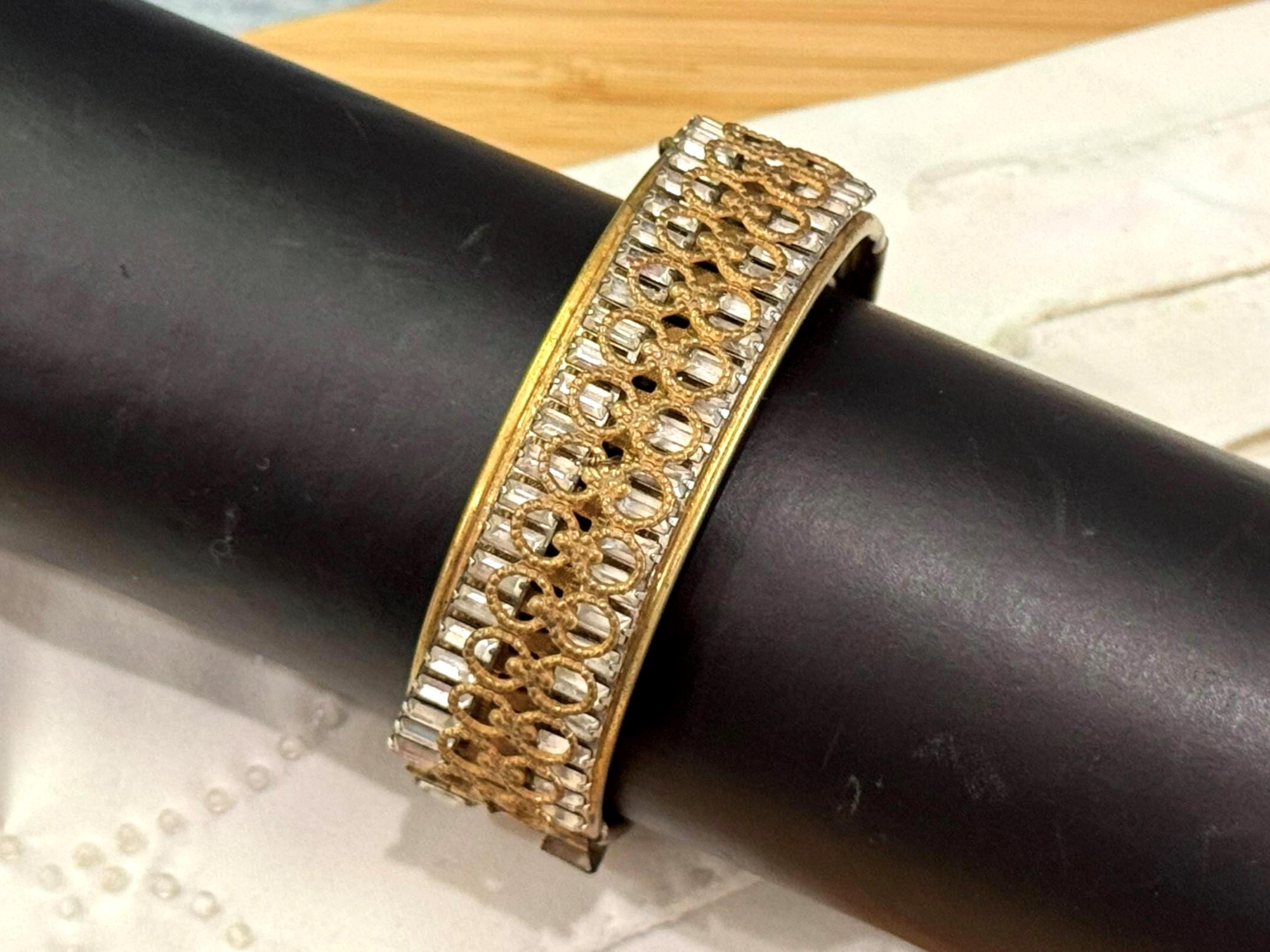 Vintage Miriam HASKELL Signed Hinged Bangle Bracelet, Baguette 