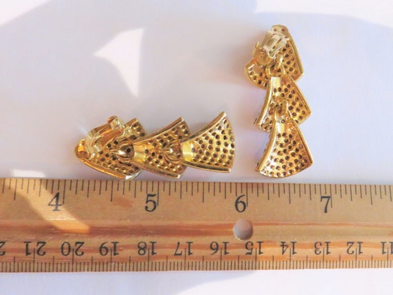Vintage Rhinestone CLIP-ON Dangle Earrings, Gold … - image 5