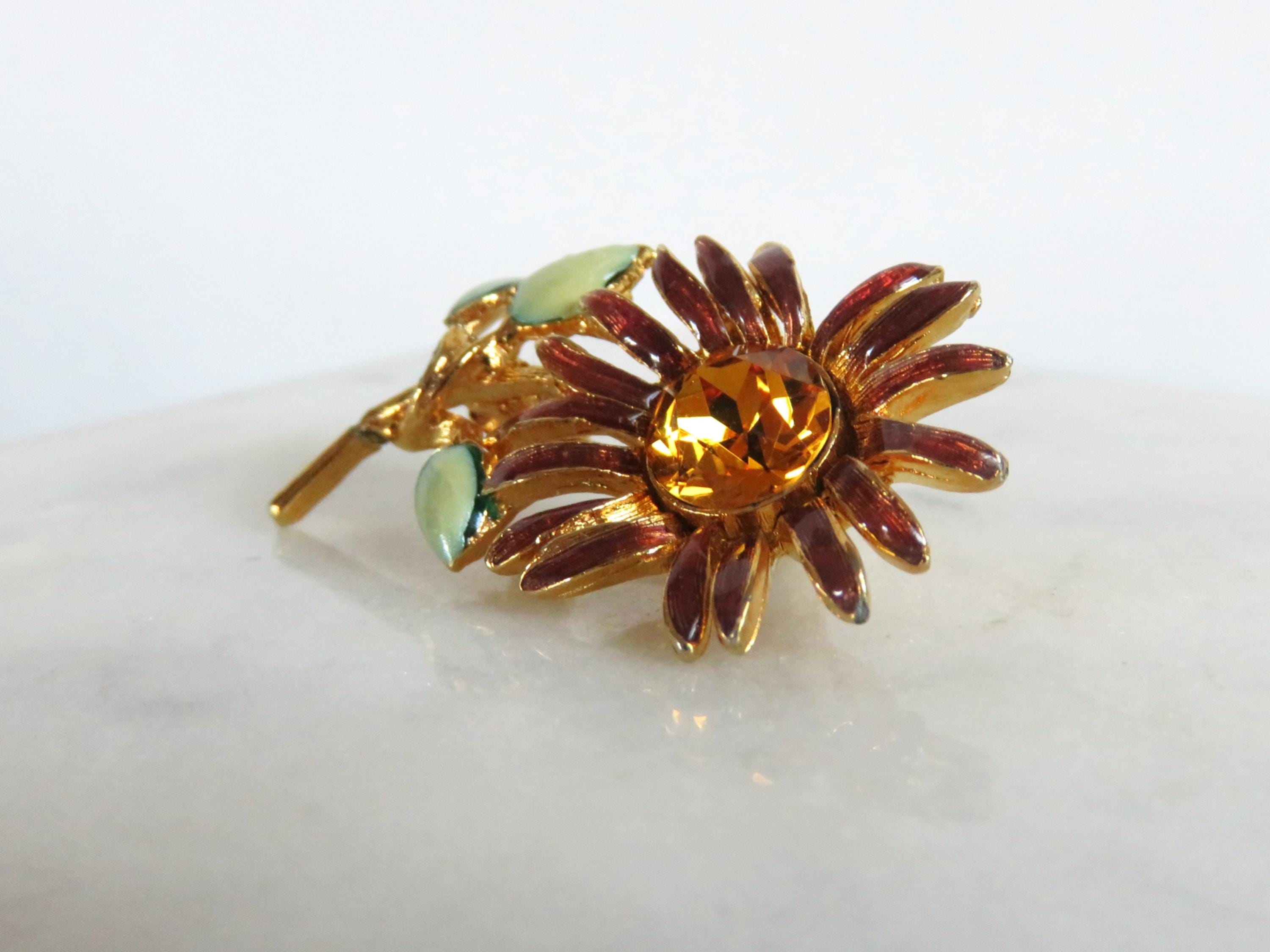 Vintage Enamel & Rhinestone Flower Brooch With Gold Tone Metal