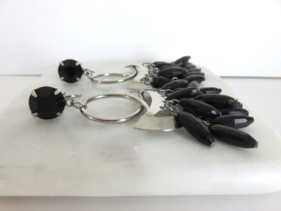 Vintage Large CLIP-ON Dangle Boho Black & Silver-… - image 8