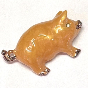 Vintage Puffy Shiny Enameled Pig Brooch, Crystal Eye, Pink Orange Beige Peach Pin, Antiqued Copper Tone Trim, Pot Belly Piggy Animal (P405)