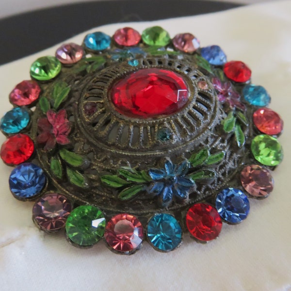 ANTIQUE to Vintage LITTLE NEMO Large Colorful Rhinestone & Enamel Brooch, Domed Oval Silver Tone Floral Filigree, Signed L/N Red Pin (P275)