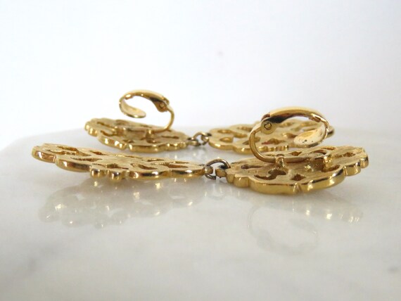 Vintage CLIP-ON Dangle Earrings with Shiny Gold T… - image 3