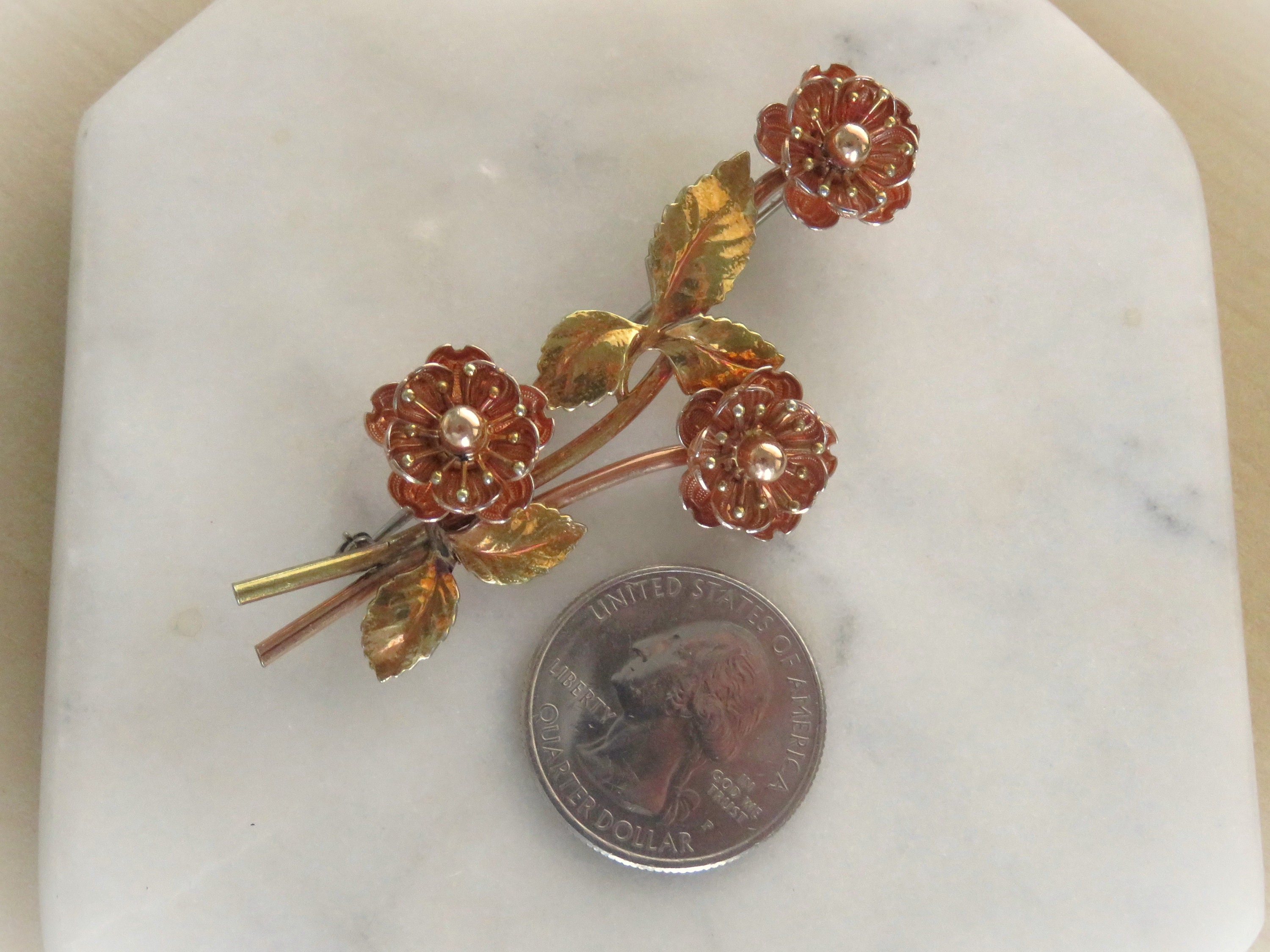 Vintage KREMENTZ Flower Brooch, Two Tone Metal, Rose
