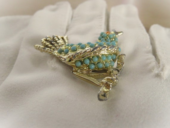 Vintage Turquoise & Coral Color Seed Bead Bird on… - image 3