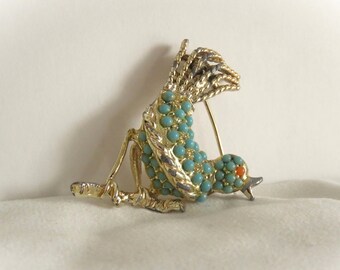 Vintage Turquoise & Coral Color Seed Bead Bird on Branch Brooch with Great 3D Embellishments, Light Gold Tone Metal Mid Century Pin (P203)