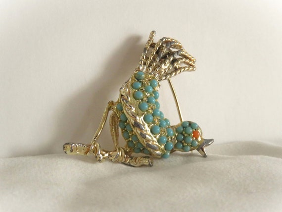 Vintage Turquoise & Coral Color Seed Bead Bird on… - image 1