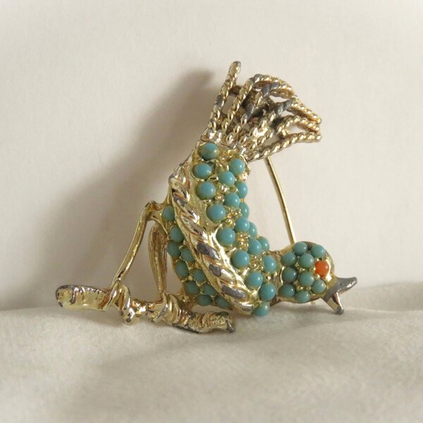 Vintage Turquoise & Coral Color Seed Bead Bird on Branch Brooch with Great 3D Embellishments, Light Gold Tone Metal Mid Century Pin (P203)