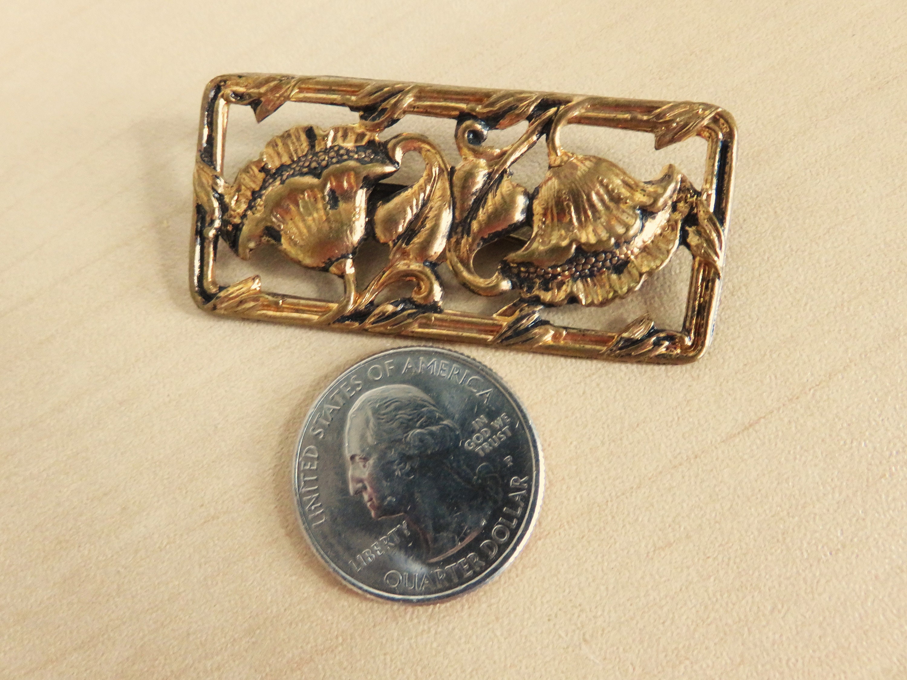 Vintage Copper Tone Floral Repousse Brooch, Art Nouveau Open