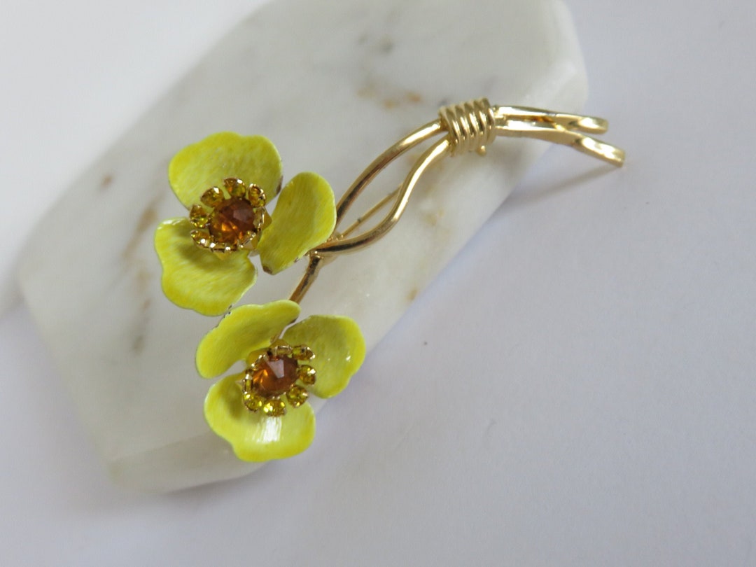 Vintage Enamel Rhinestone Long Floral Brooch, Topaz Crystal, Gold