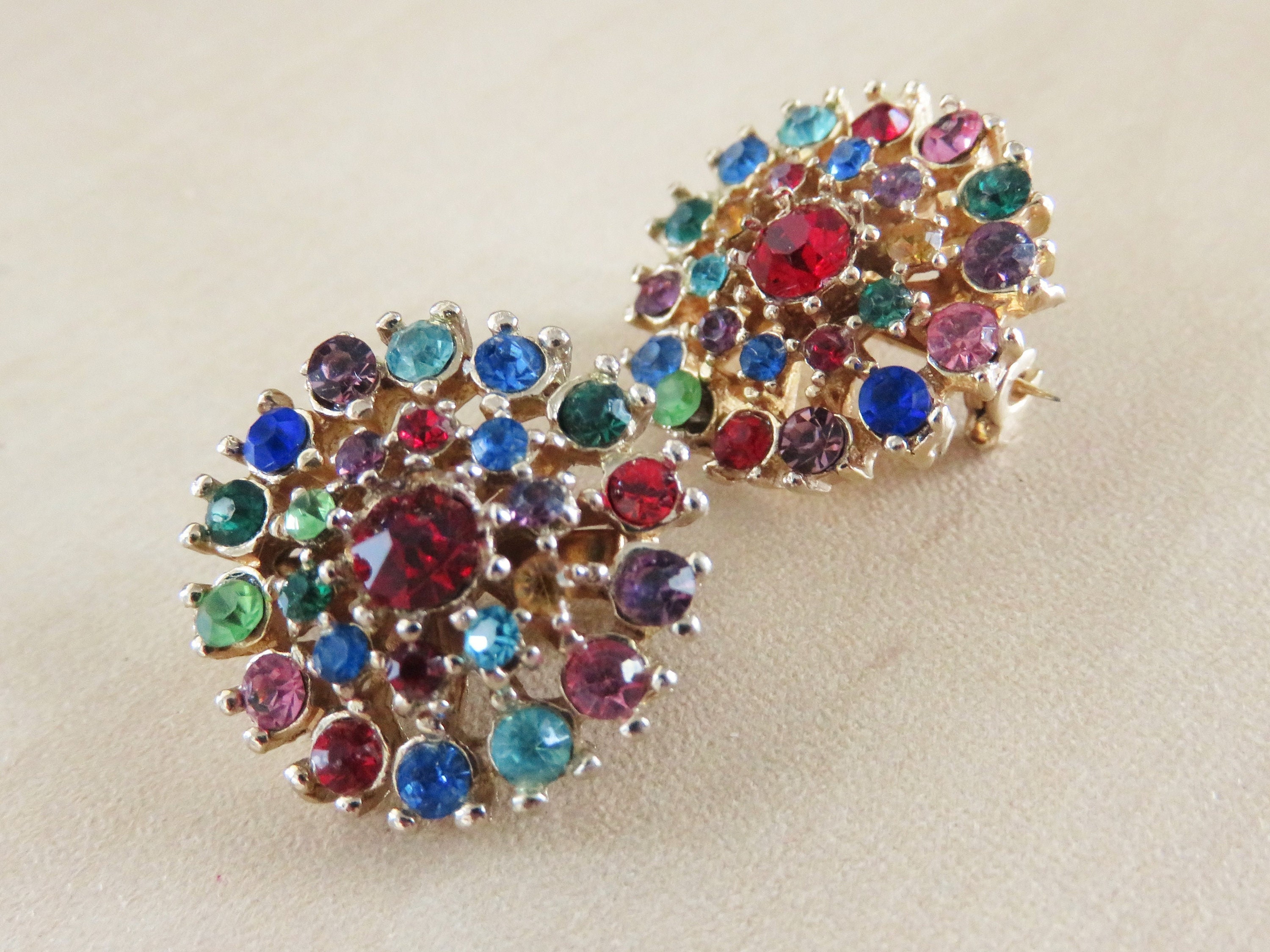 Pair of Vintage Scatter PINS, Colorful Rhinestone, Gold Tone