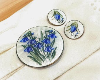 Vintage Finn JENSEN of NORWAY Sterling Silver & Guilloche Flowers Round Brooch and CLIP Earrings Set, Morning Glory, Bluebells, Signed (S65)