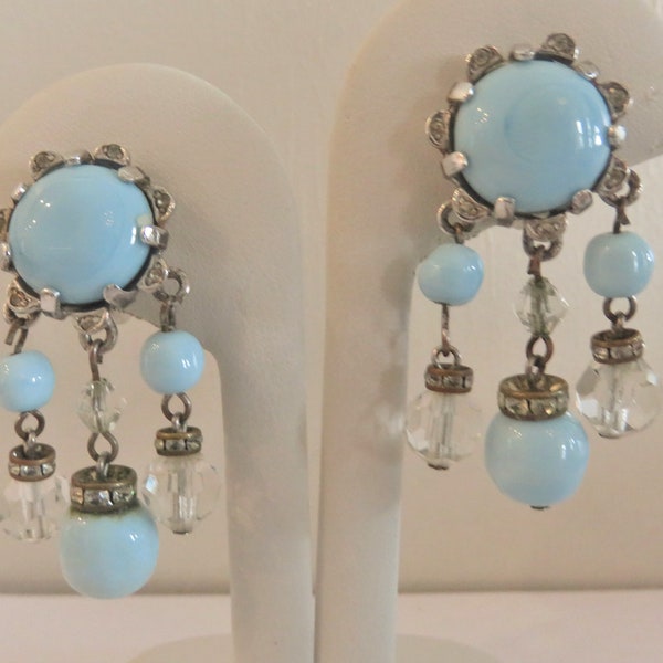 Vintage Nettie ROSENSTEIN STERLING Silver & Baby Blue Glass CLIP-On Earrings, Clear Crystal Bead Drops, Rhinestone Accents, Signed (R606)