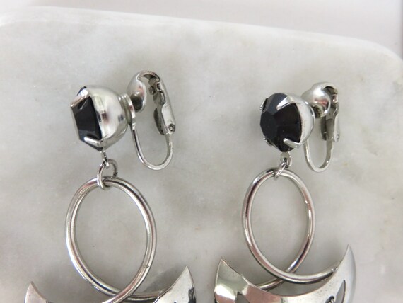 Vintage Large CLIP-ON Dangle Boho Black & Silver-… - image 3