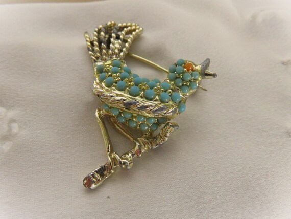 Vintage Turquoise & Coral Color Seed Bead Bird on… - image 7