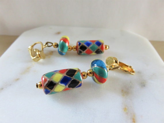 Vintage Ceramic Colorful Harlequin Dangle Clip On