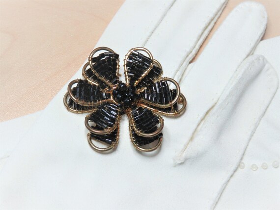 Vintage Flower Black Gold Seed Bead Wire Work Lay… - image 7