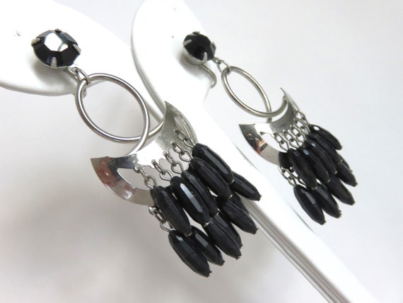 Vintage Large CLIP-ON Dangle Boho Black & Silver-… - image 6