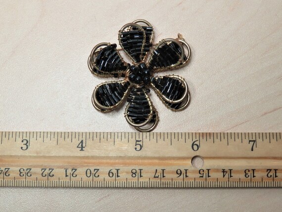 Vintage Flower Black Gold Seed Bead Wire Work Lay… - image 6