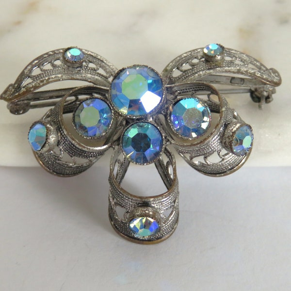 Vintage Silver Tone Iridescent Blue Rhinestone 3D Ribbon Brooch, Spun Silver Filigree Look Aurora AB Crystal Pin, Flower Accent (H887)