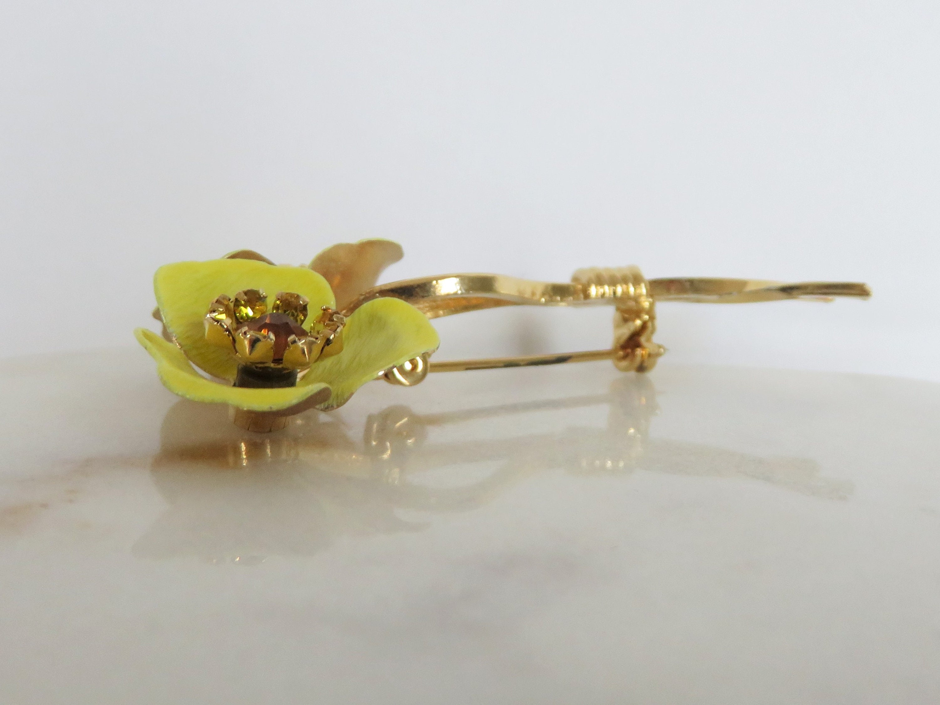 Vintage Enamel Rhinestone Long Floral Brooch, Topaz Crystal