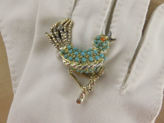 Vintage Turquoise & Coral Color Seed Bead Bird on… - image 10