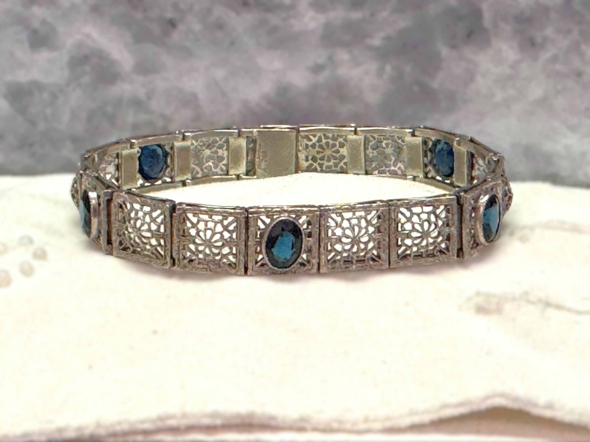 Antique A&Z Art Deco Filigree Link Bracelet in Silver Tone Metal