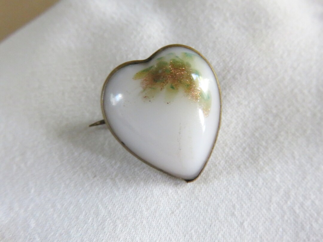 ANTIQUE Small Heart Pin Hand Painted Porcelain Green Gold Floral Brass