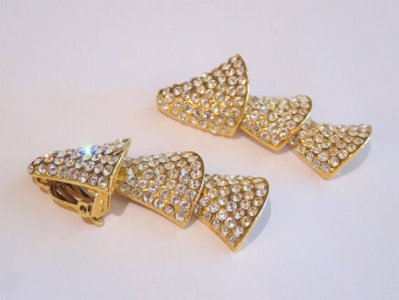 Vintage Rhinestone CLIP-ON Dangle Earrings, Gold … - image 6