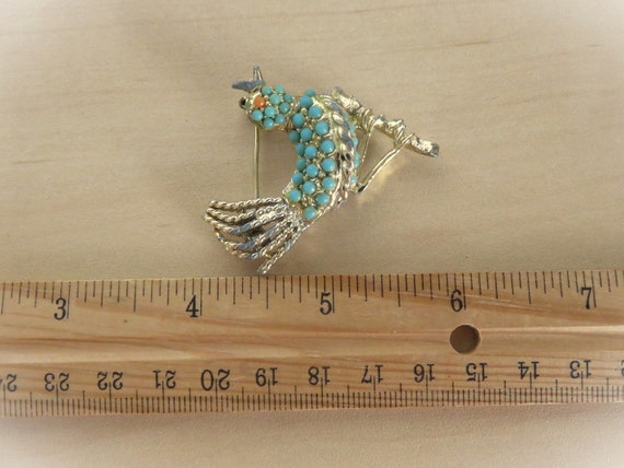 Vintage Turquoise & Coral Color Seed Bead Bird on… - image 8