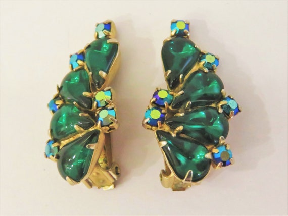 Vintage WEISS Emerald Green Pear Teardrop Glass &… - image 5