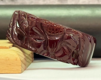 ANTIQUE Art Deco Carved Brown BAKELITE Clamper Cuff Bracelet, Vintage Deep Chocolate Wide Hinged Floral Bracelet, Pierced Technique (L333)