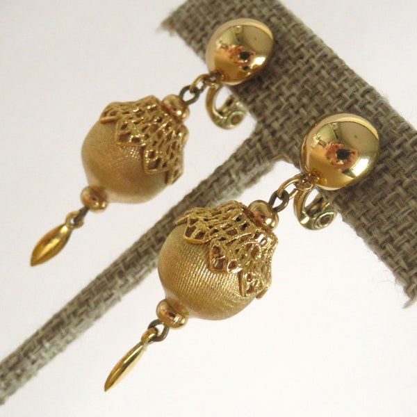 Vintage MONET Golden Textured Ball Drop CLIP-ON Dangle Earrings, Small Button Stud, Filigree Cap, Gold Tone Dainty Charm, 1980 Signed (R614)