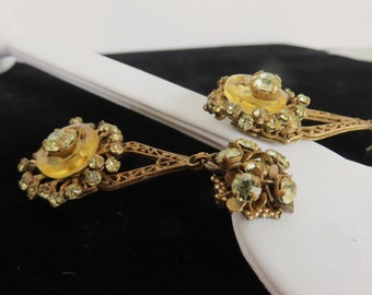 Vintage Miriam HASKELL Wired Rhinestone CLIP On Dangle Earrings, Jonquil Pale Yellow Green, Orange, Gold Tone Floral, Signed RARE  (R485)