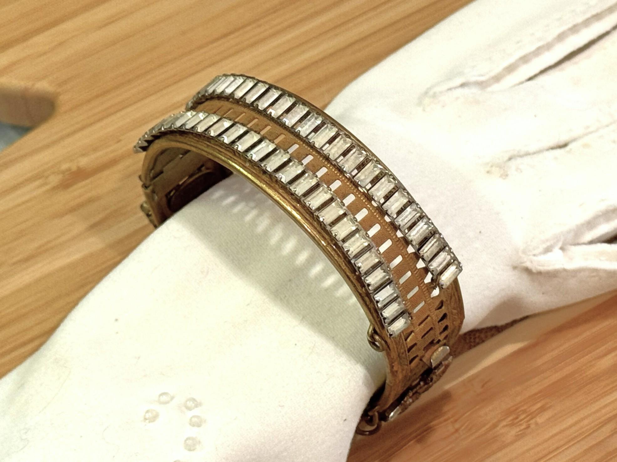 Vintage Miriam HASKELL Signed Hinged Bangle Bracelet, Baguette 