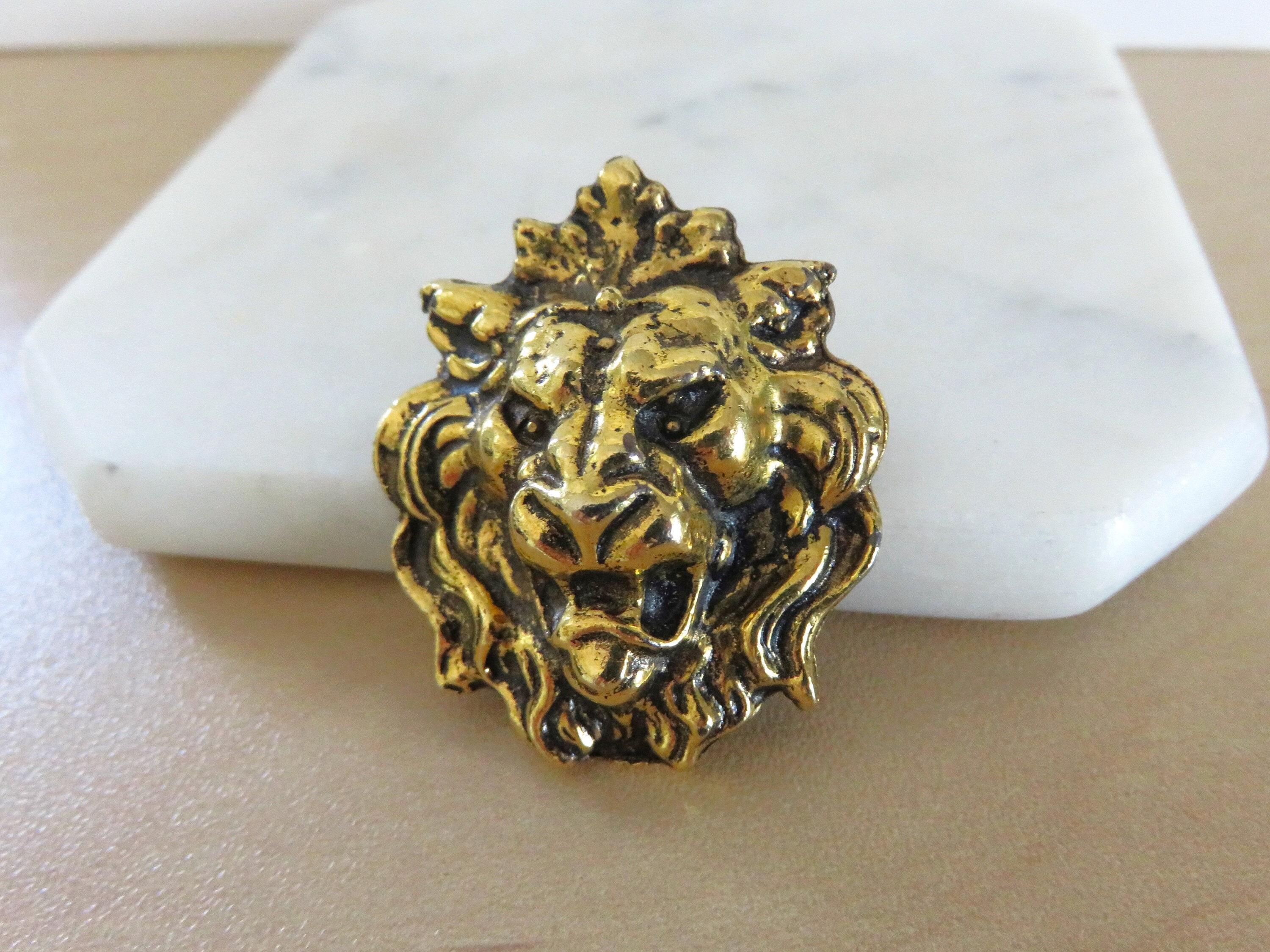 Vintage Roaring Lion Face Brooch, Dimensional Antiqued Gold  display picture 3