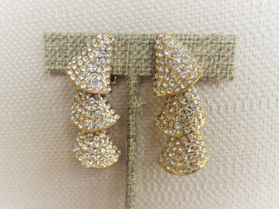 Vintage Rhinestone CLIP-ON Dangle Earrings, Gold … - image 1