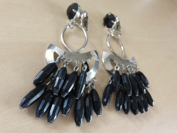 Vintage Large CLIP-ON Dangle Boho Black & Silver-… - image 1