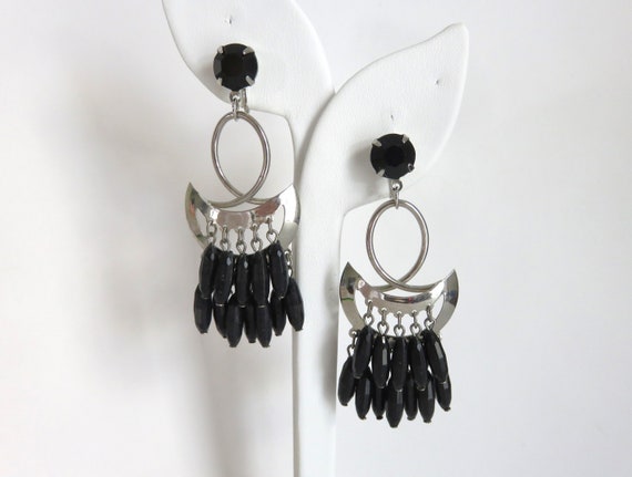 Vintage Large CLIP-ON Dangle Boho Black & Silver-… - image 10