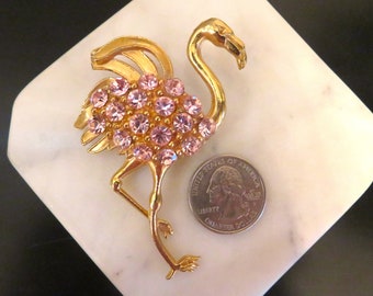 Vintage Thelma DEUTSCH Pink Rhinestone Flamingo Brooch, Large Signed Gold Tone, RARE Signed Bird Pin, 1980s Designer Crystal Sparkle (P240)