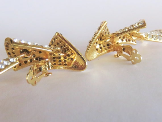 Vintage Rhinestone CLIP-ON Dangle Earrings, Gold … - image 3