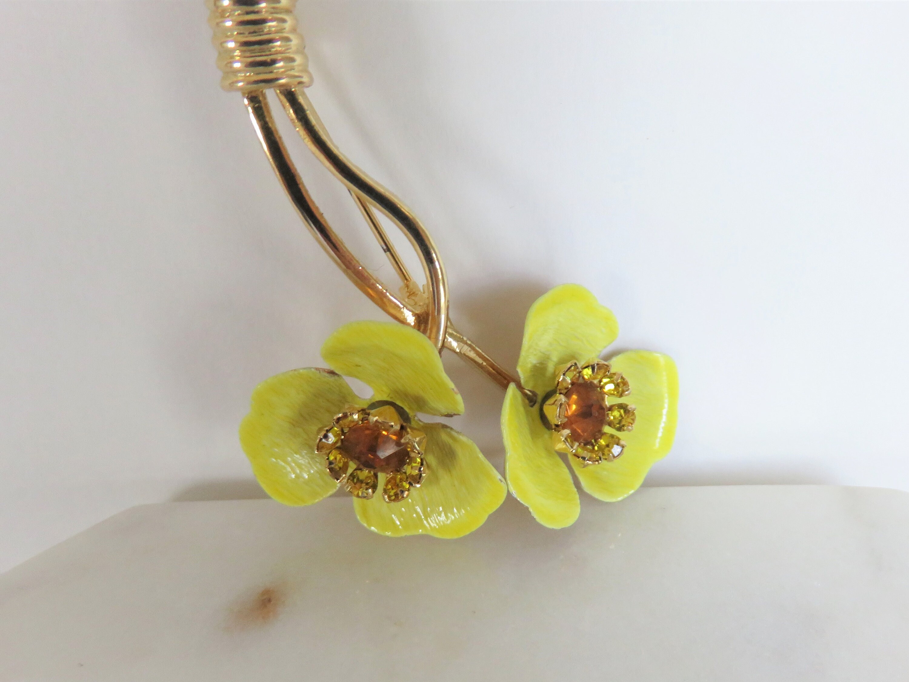 Vintage Enamel Rhinestone Long Floral Brooch, Topaz Crystal
