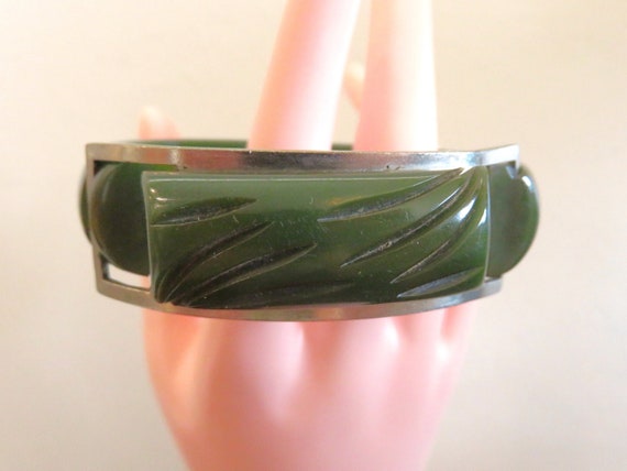 Vintage BAKELITE Hinged Carved BUCKLE Bangle Brac… - image 1